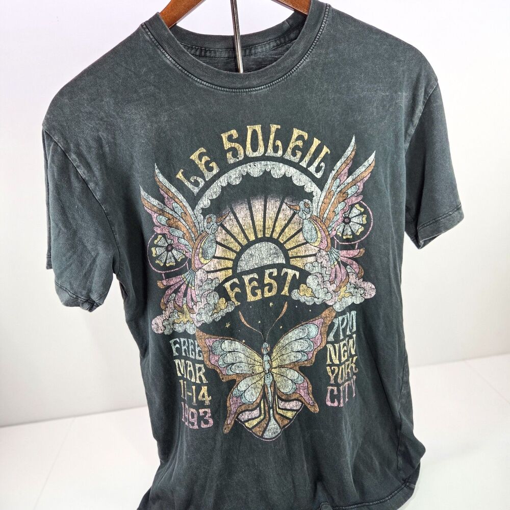 Hollister Le Soleil Fest Butterfly T-Shirt XS Washed Black Graphic Tee